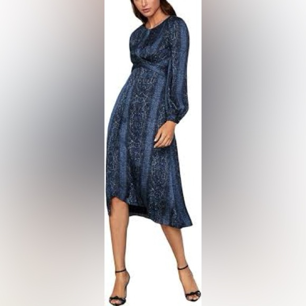 BCBGMAXAZRIA Women's Satin Blouson MIDI Dress Sz XS Blue Python LS